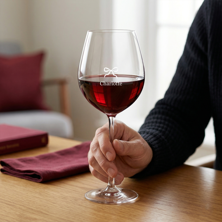 Photo d'ambiance verre à vin gravé avec nœud