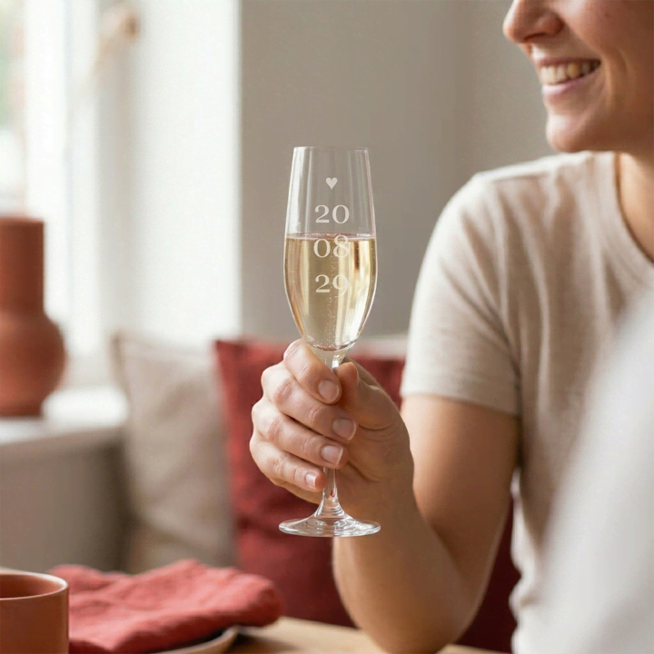 Sfeerfoto gegraveerd champagneglas met datum Sfeerfoto gegraveerd champagneglas met datum
